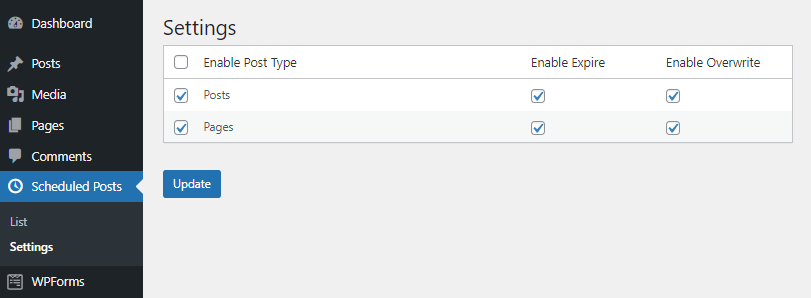 Scheduled Posts settings in the WordPress dashboard to enable Posts and Pages post type. 