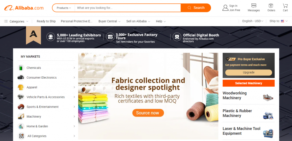 The homepage of Alibaba's eCommerce site.