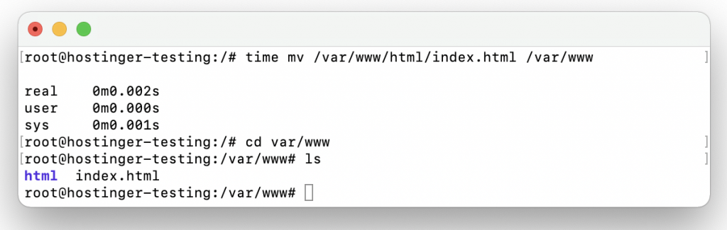 Output showing how long it took to move a file to a different directory.