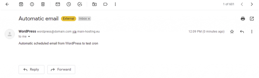 The test email that WordPress sent when the new corn event was triggered.