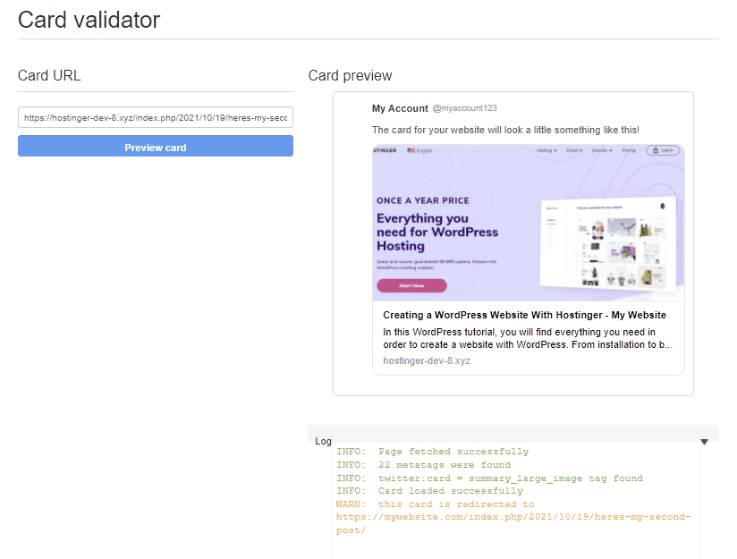 The Twitter card validator where you insert an URL to preview the tweet.