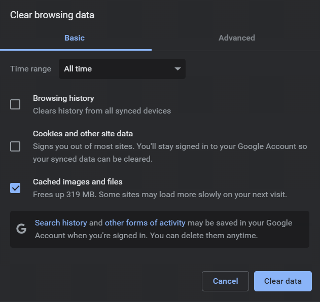 Clearing browsing data on Google Chrome.