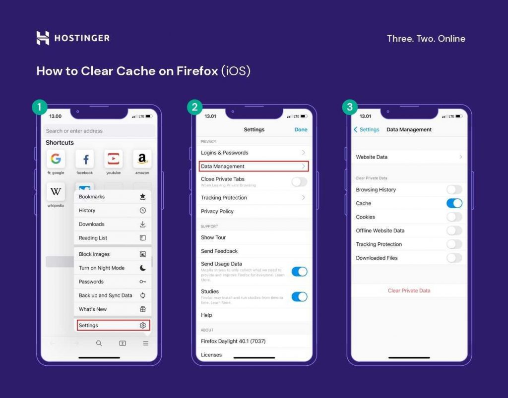 A compilation of screenshots for step 1-3 for how to clear cache on Firefox (iOS)