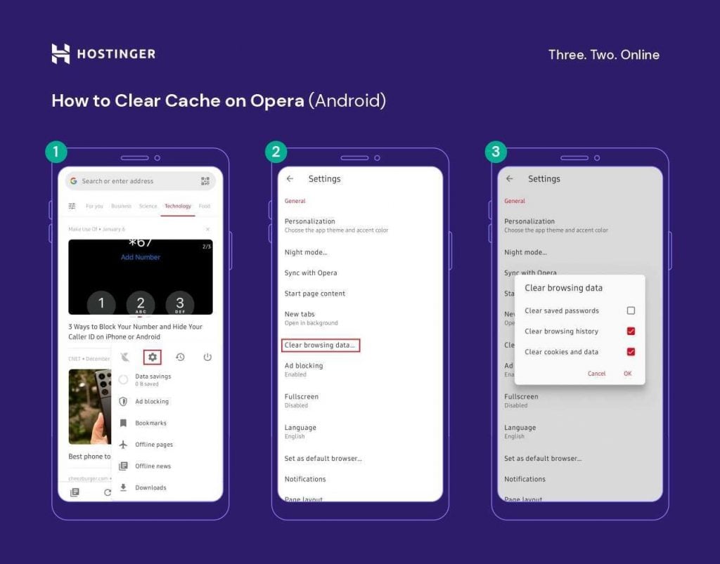A compilation of screenshots for step 1-3 for how to clear cache on Opera (Android)