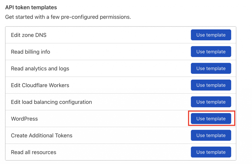 Selecting the WordPress Cloudflare template.