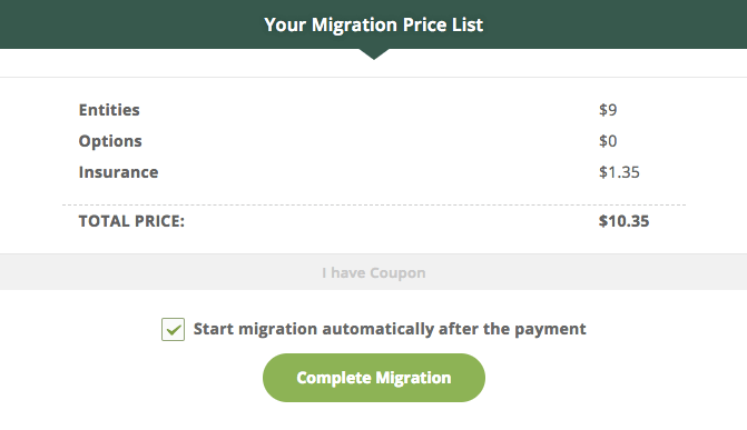 Screenshot of the final CMS2CMS pricing and complete migration button