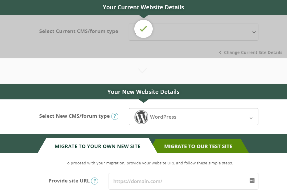 Captura de tela do painel do CMS2CMS - migre para a seção do site de teste