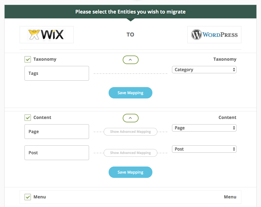 Captura de tela das configurações de migração do CMS2CMS - optando por migrar do Wix para o WordPress