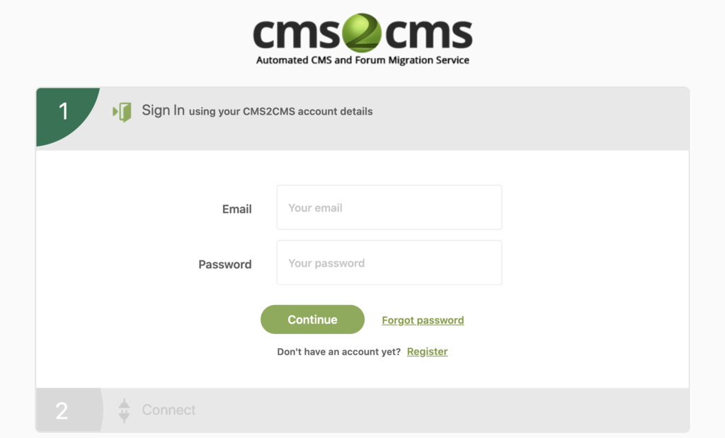 Screenshot of the CMS2CMS starting screen