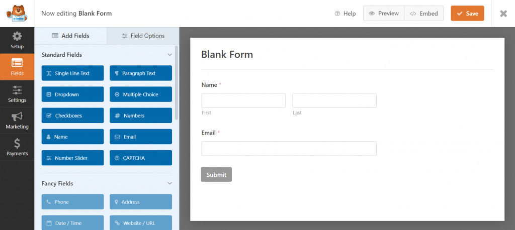 Pick a form template and start customizing the contact form on the Fields page.