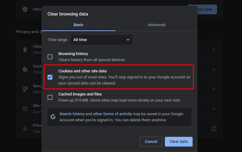Clear browsing data window on Chrome, ticking the cookies and other site data option