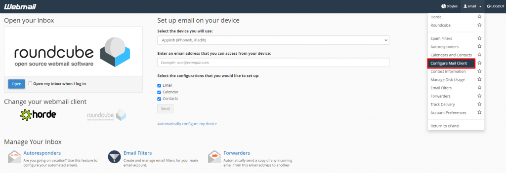 Configure Mail Client option on cPanel's Webmail app.