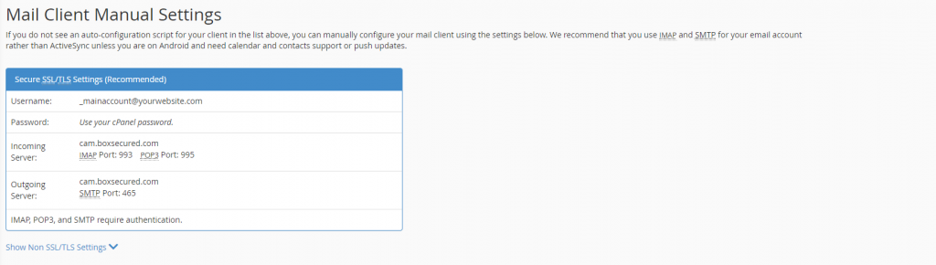 Mail Client Manual settings in cPanel