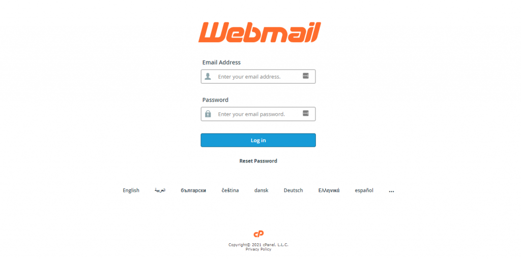 Login page of cPanel's Webmail app.