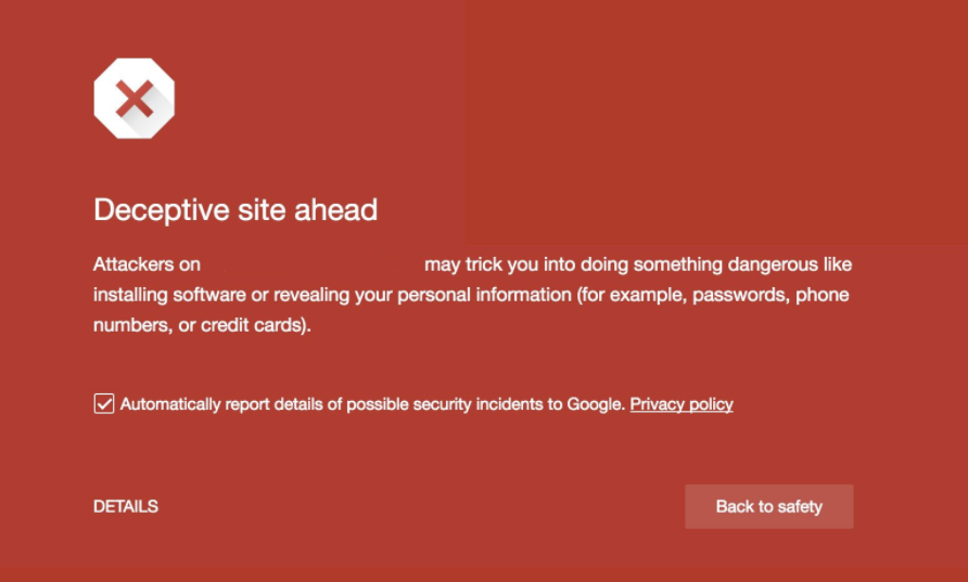 Red screen with the deceptive site warning message on Google Chrome. 