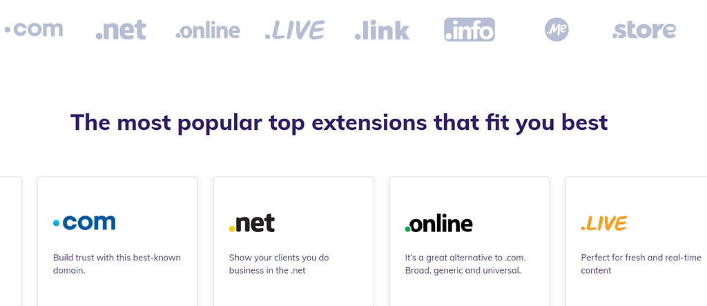 Screenshot of available domain name extensions at Hostinger