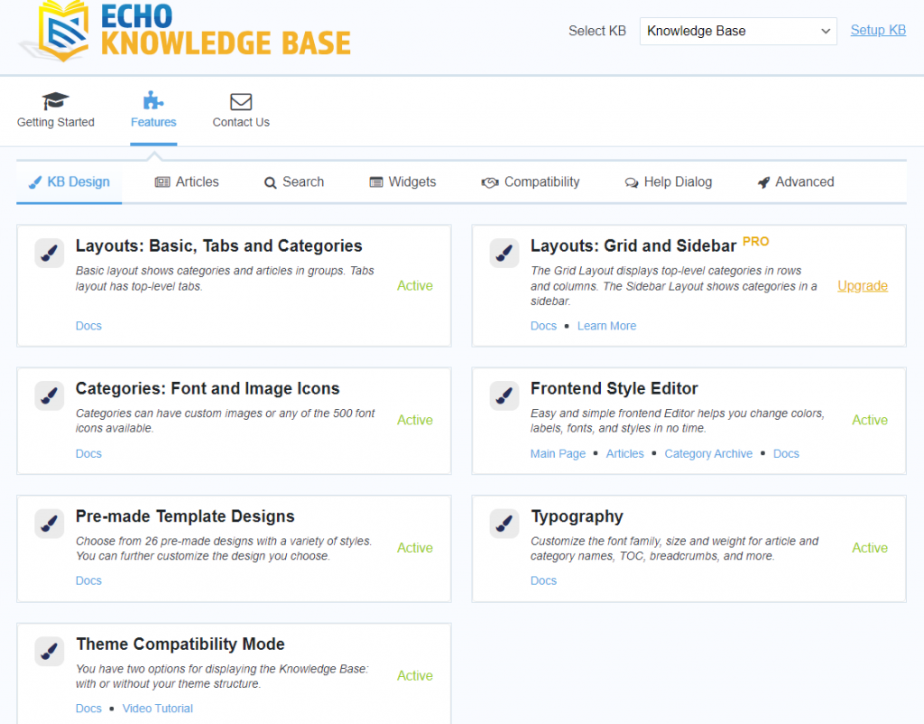 The KB design options under the features section.