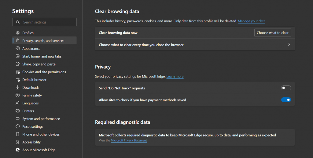 The privacy, search, and services tab for the Clear browsing data section in Microsoft Edge