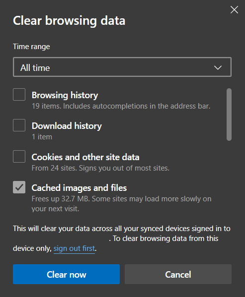 Select the time range to clear cache on Microsoft Edge.