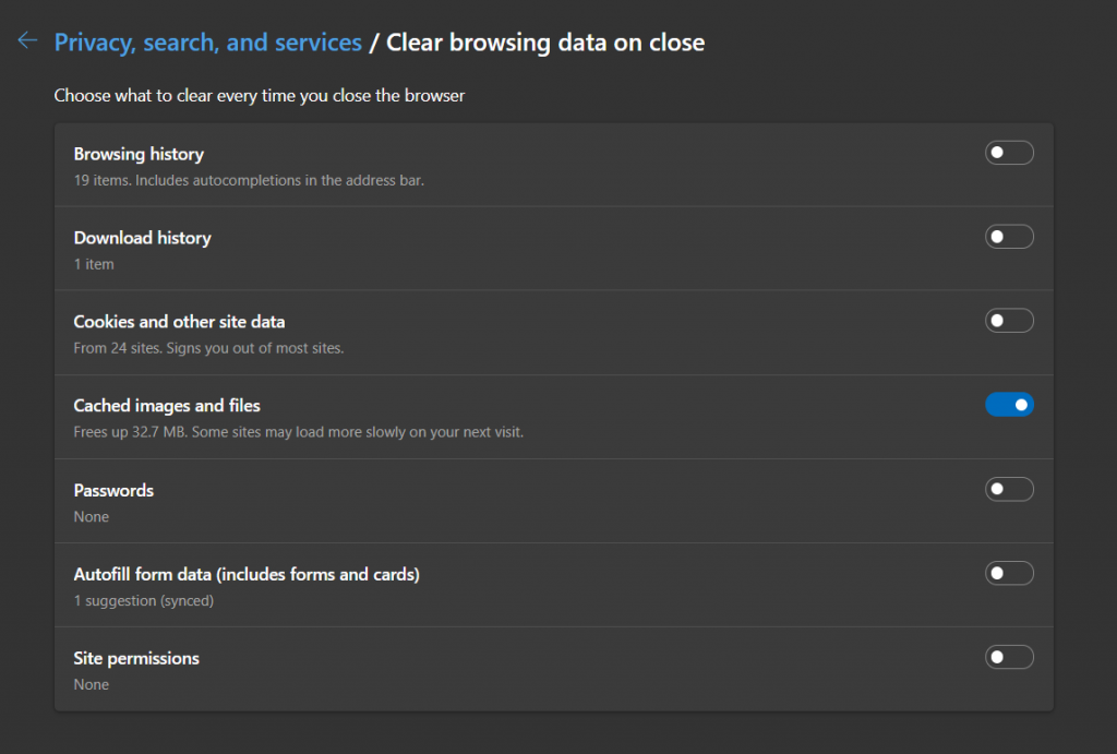Privacy, search, and services tab for clearing browser cache in Microsoft Edge, showing how to turn on cached images and files