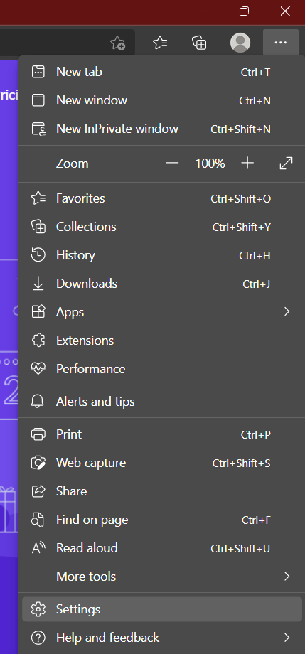 The three dots button at the top-right of Microsoft Edge's window, highlighting the "Settings"