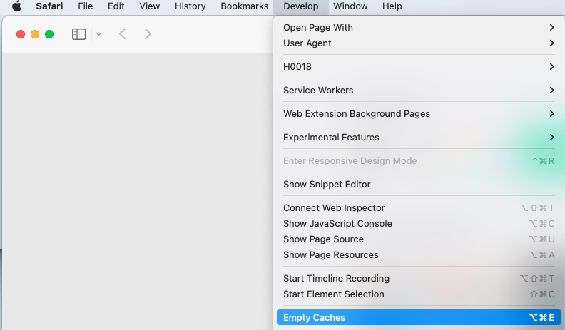 The "Develop" section in Safari's top menu bar, highlighting the "Empty cache" option in the dropdown menu.