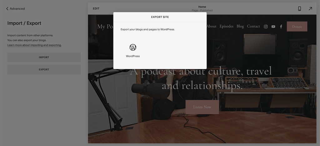 The export site window in Squarespace, showing the message "Export your blogs and pages to WordPress"