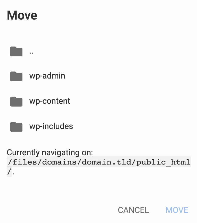 The Move function pop-up window on Hostinger file manager