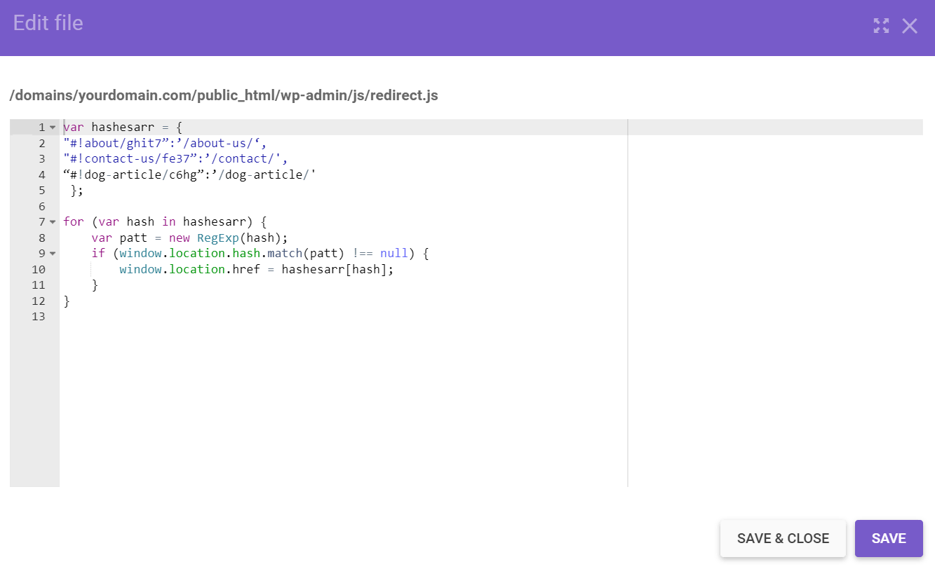 Captura de tela do arquivo redirect.js sendo editado no Gerenciador de arquivos