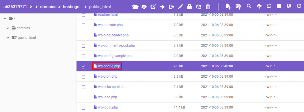 Locating the wp-config.php file via the File Manager.