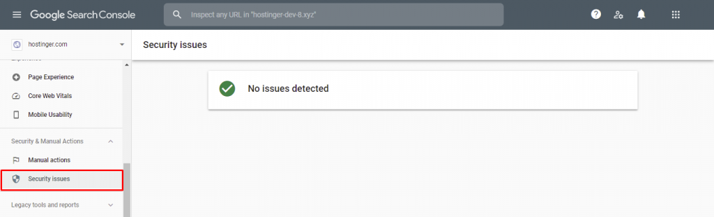 Google Search Console showing that no security issues were detected.