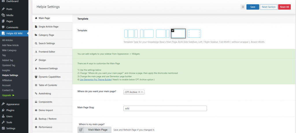 More Helpie's settings in the WordPress dashboard.