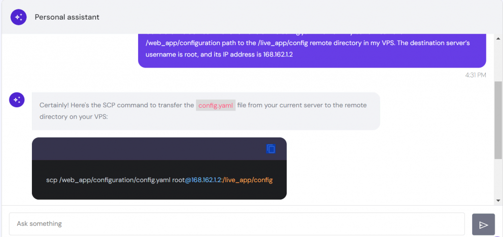 Hostinger AI Assistant generates SCP command based on the user's prompt