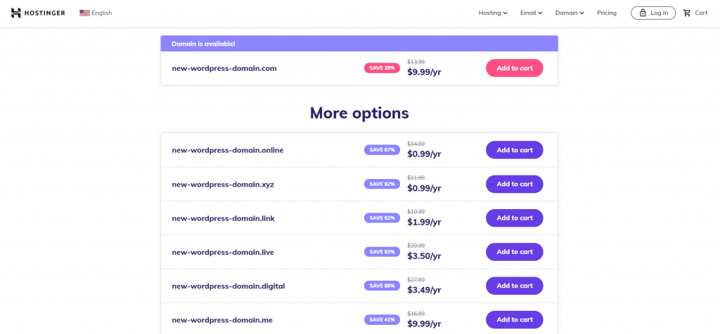 Hostinger showing that your domain name is available and offering more alternatives. 