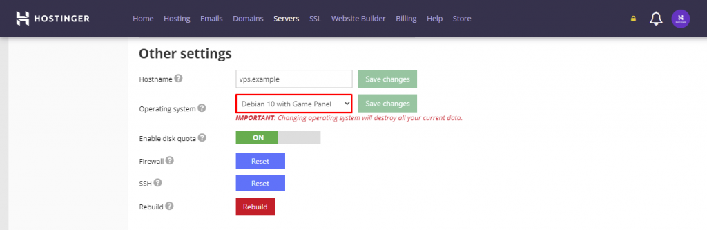 The Other settings section in hPanel, showing how to change the operating system