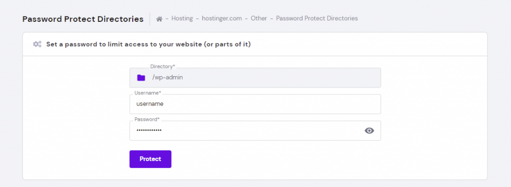 The password protect directories window on hPanel.