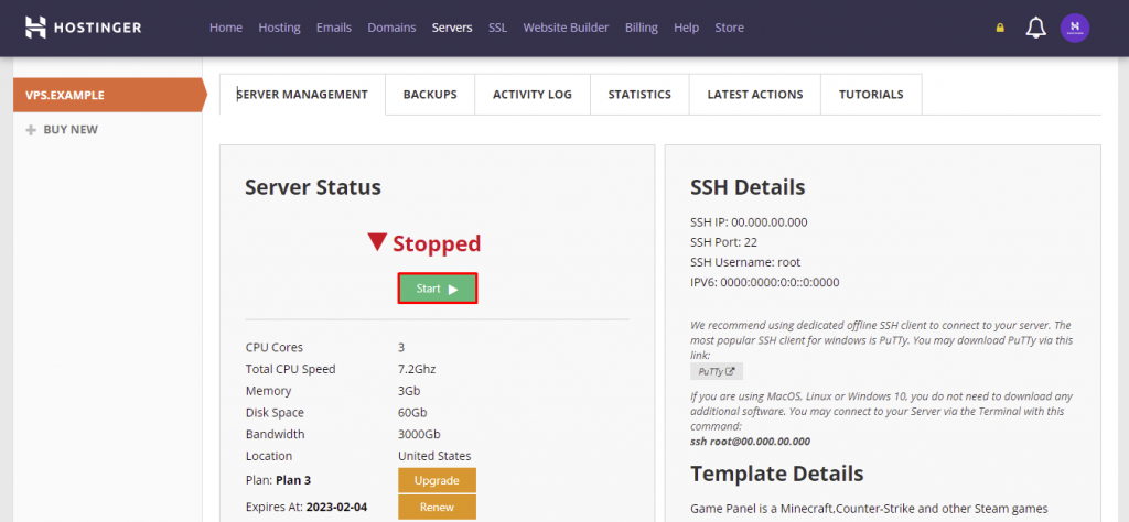 The server management section in hPanel showing the server status.