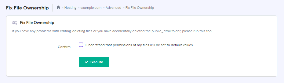 The Fix File Ownership page on hPanel