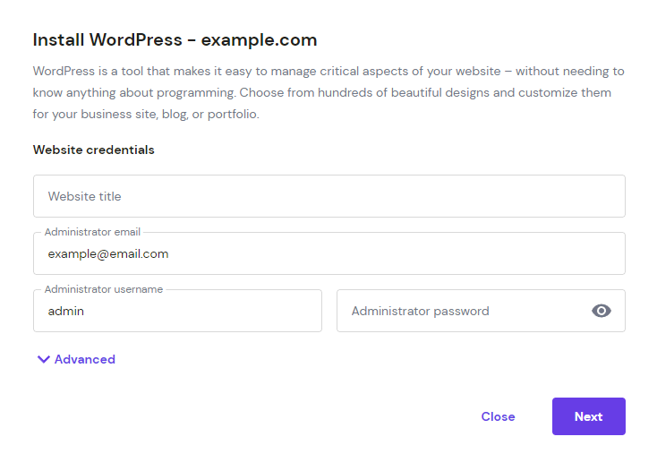 WordPress installation form on hPanel