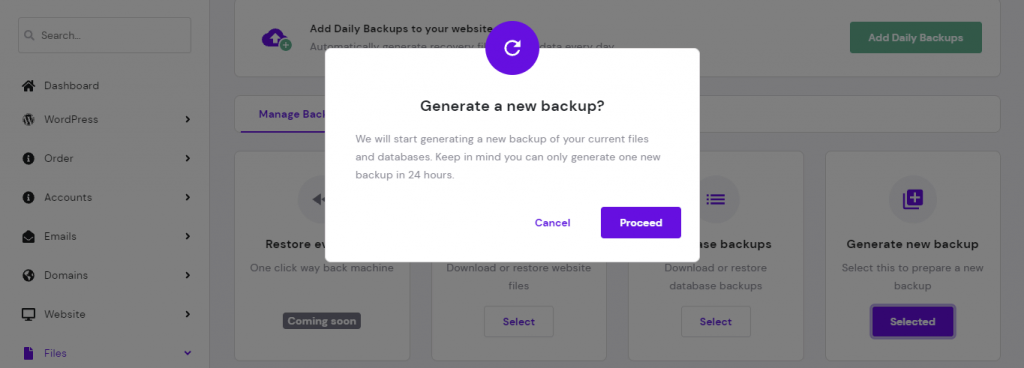 Generate a new backup confirmation message in hPanel. 
