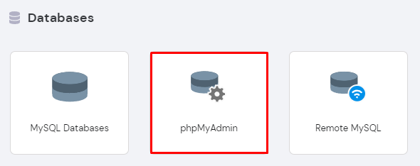 The phpMyAdmin tool on hPanel under the Databases section