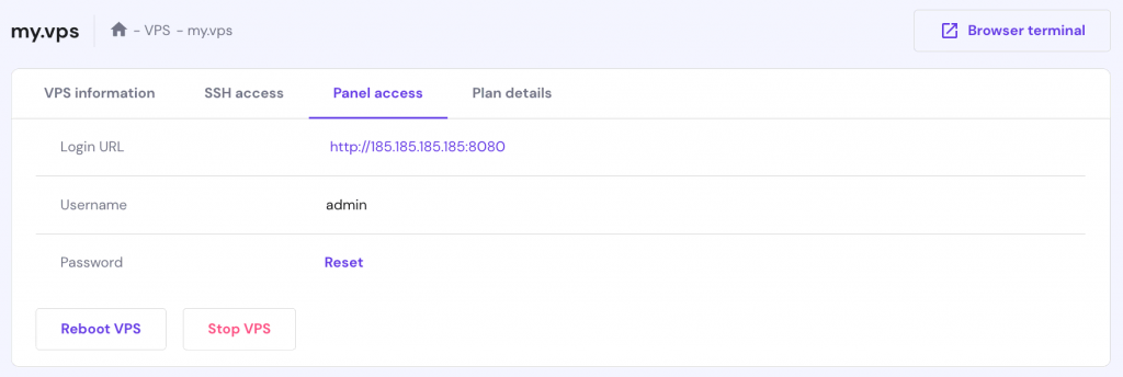 The Panel access page for Hostinger VPS