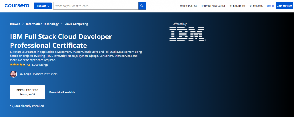 IBM's Full Stack Cloud Developer Professional Certificate course on Coursera.