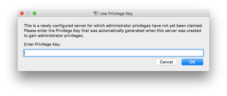 Screenshot of the privilege key prompt to connect to TeamSpeak server 