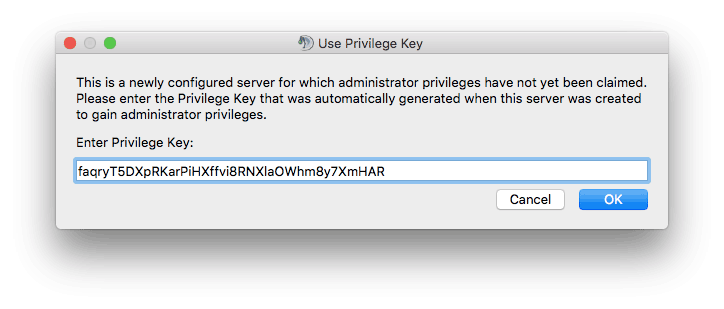 Screenshot of the privilege key prompt on MacOS