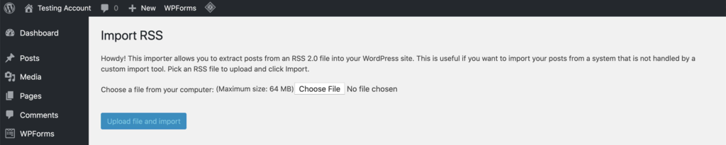 Captura de tela da tela Importar RSS no painel do WordPress
