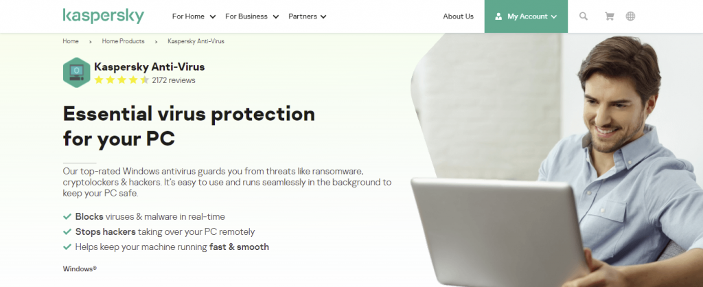 Kaspersky's homepage featuring the anti-virus software for Windows. 