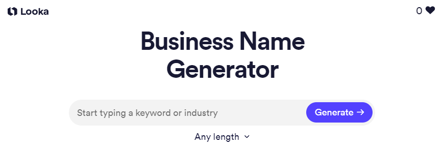 Looka business name generator homepage.