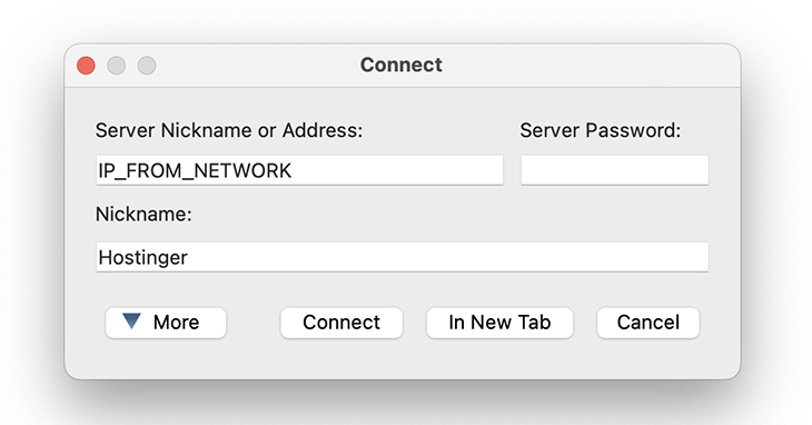 Screenshot of the TeamSpeak connection screen on MacOS