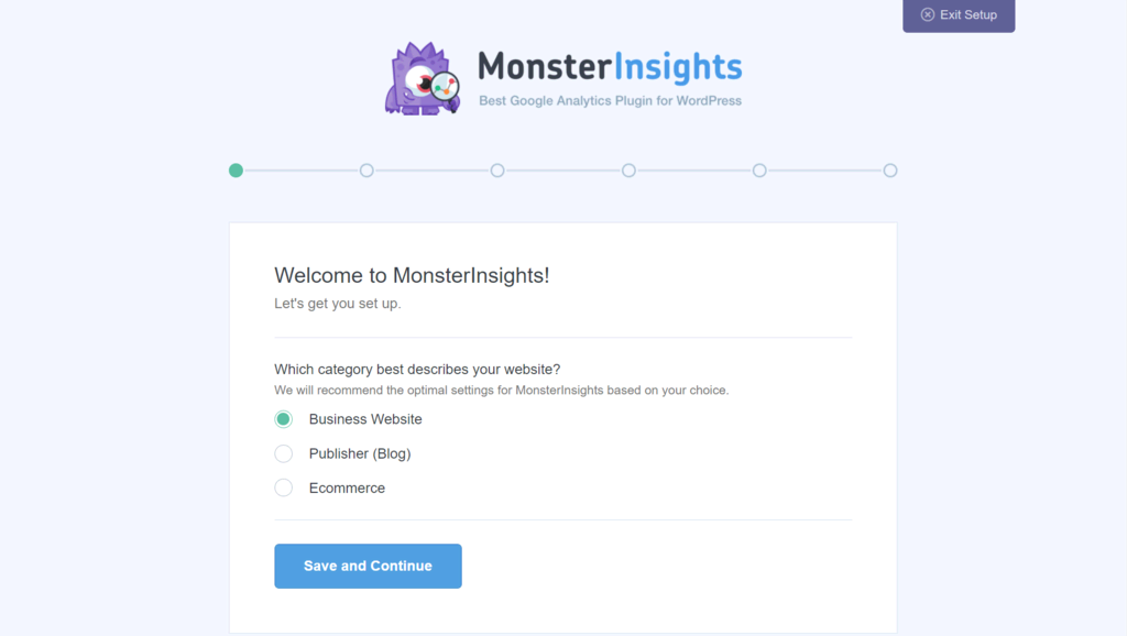 Captura de tela do assistente de instalação do MonsterInsights